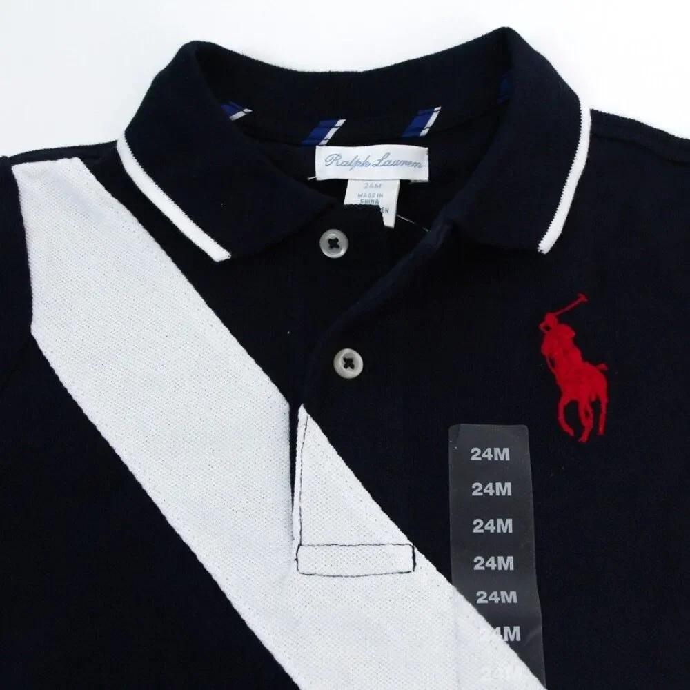 Polo Ralph Lauren Boys Polo Shirt 24M Navy Blue Diagonal Sash USA Flag NWOT